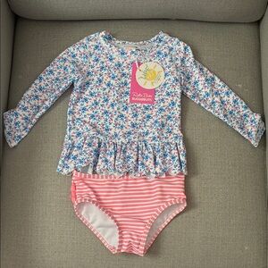 Ruffle Butts Girls Floral Long Sleeve Rashguard Set - White, Blue, Pink